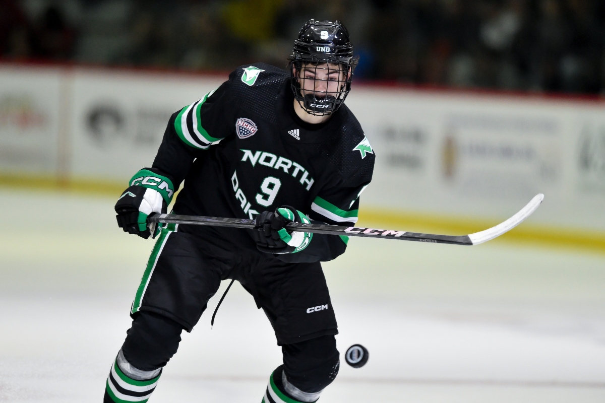 FILE - North Dakota forward Sacha Boisvert skates during the second period of an NCAA hockey game against Cornell on Nov. 2, 2024 in Ithaca, N.Y. (AP Photo/Adrian Kraus, file)