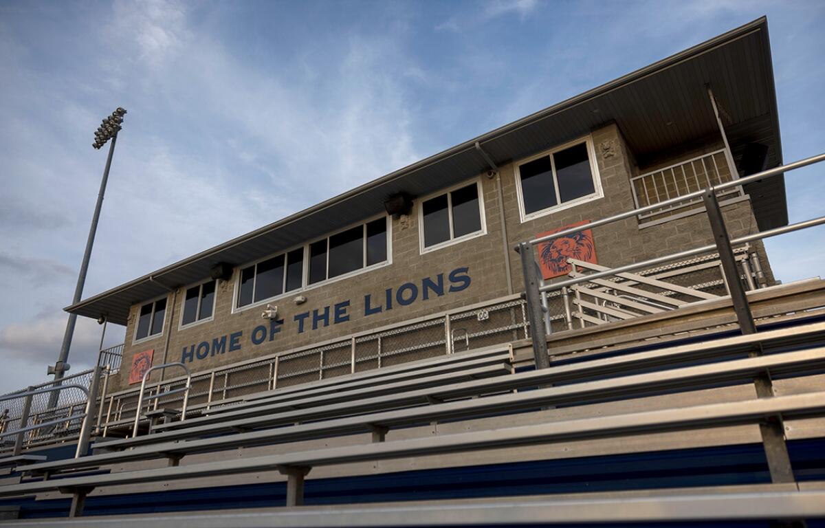 The sun sets on the press box of the Lion’s Field football stadium at Carterville High School on March 3, 2026, in Carterville, Illinois. (Photo by Lylee Gibbs)