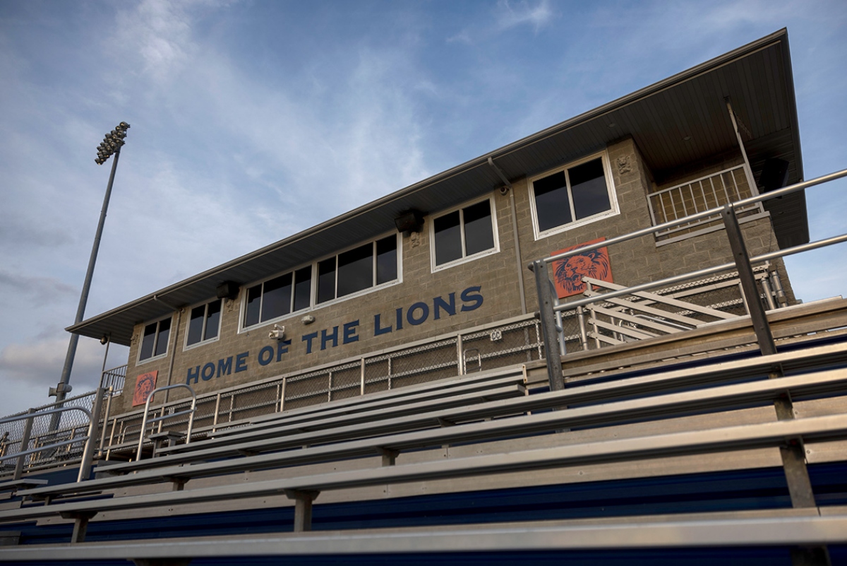The sun sets on the press box of the Lion’s Field football stadium at Carterville High School on March 3, 2026, in Carterville, Illinois. (Photo by Lylee Gibbs)