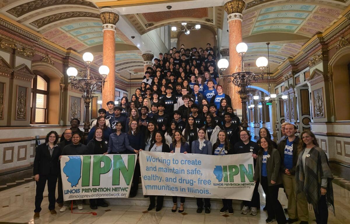 Students with the Illinois Prevention Network at the Capitol on Wednesday pushing bills aimed at drug regulation and reduction. (Medill Illinois News Bureau, courtesy of Kate Bell, Illinois Prevention Network)