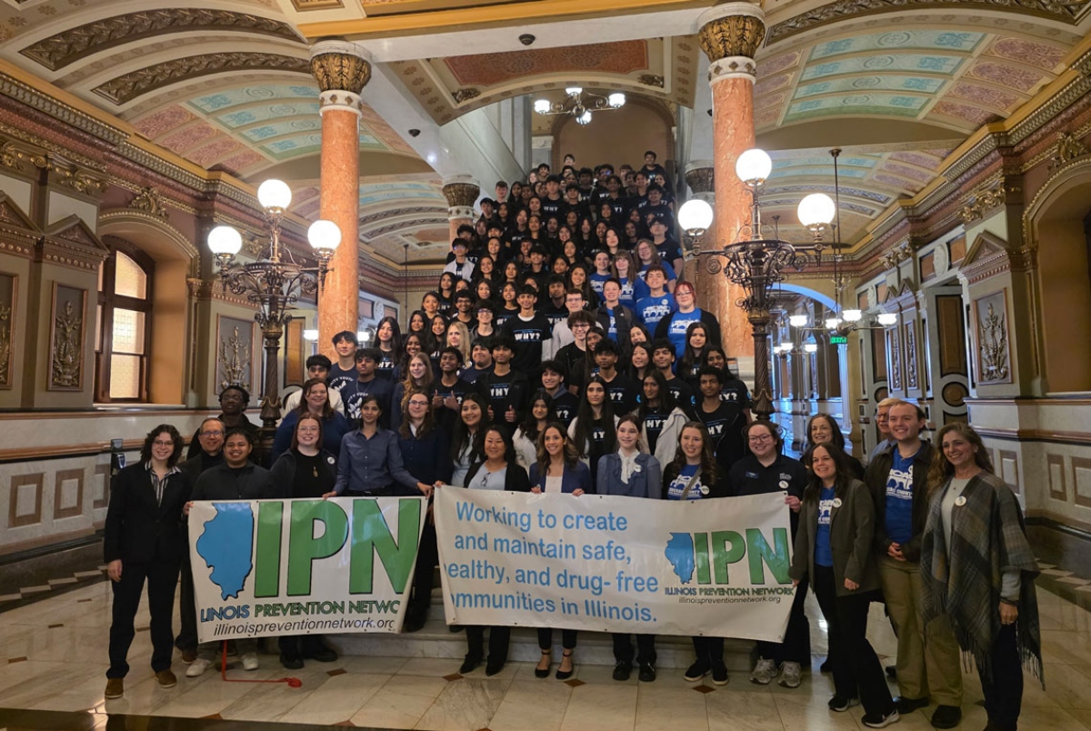 Students with the Illinois Prevention Network at the Capitol on Wednesday pushing bills aimed at drug regulation and reduction. (Medill Illinois News Bureau, courtesy of Kate Bell, Illinois Prevention Network)