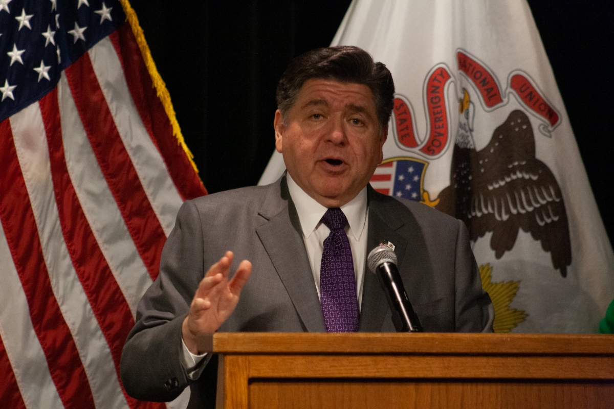 Gov. JB Pritzker awards Blue Ribbon schools at an event on March 4 at the Governor’s Mansion. Pritzker established the awards after the national program was abolished in August 2025. (Capitol News Illinois photo by Jenna Schweikert)
