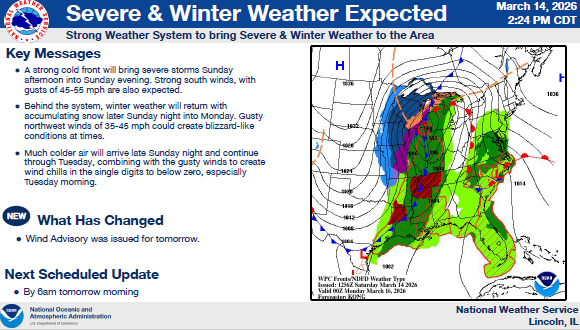 The National Weather Service forecast for Sunday's winter and severe weather.