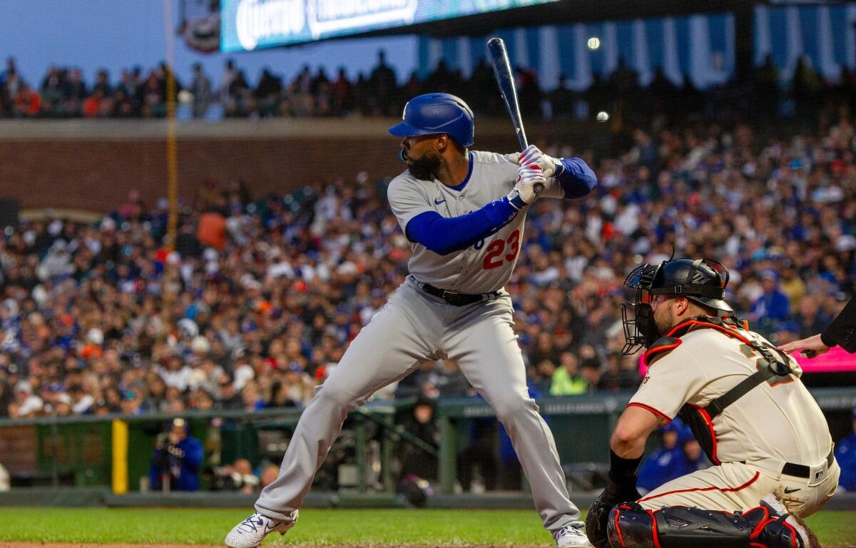 April 10, 2023 - San Francisco: Los Angeles Dodgers outfielder Jason Heyward bats against the San Francisco Giants at Oracle Park.