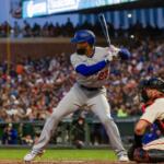 April 10, 2023 - San Francisco: Los Angeles Dodgers outfielder Jason Heyward bats against the San Francisco Giants at Oracle Park.