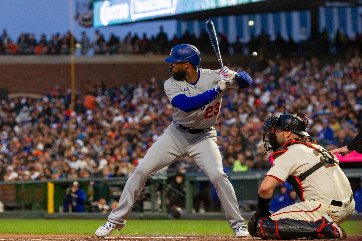 April 10, 2023 - San Francisco: Los Angeles Dodgers outfielder Jason Heyward bats against the San Francisco Giants at Oracle Park.