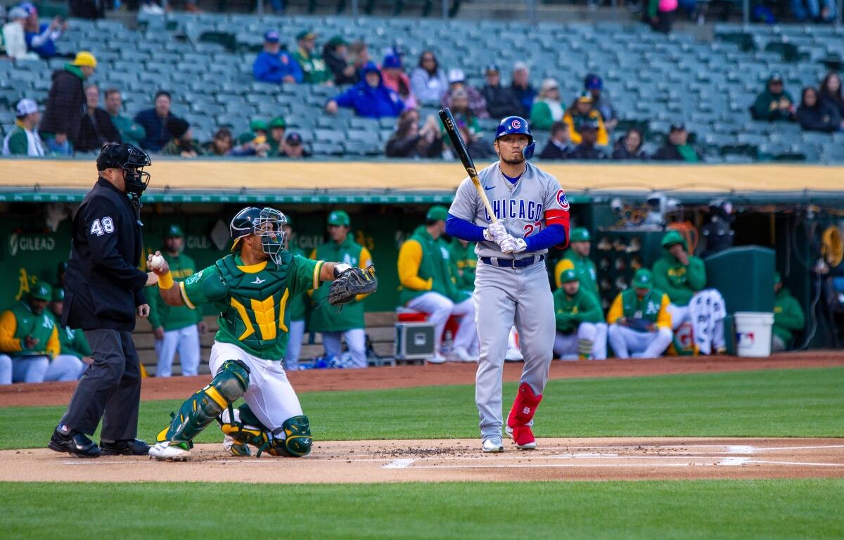 April 18, 2023 - Oakland, California: Chicago Cubs outfielder Seiya Suzuki bats against the Oakland Athletics at the Oakland Coliseum.