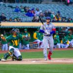 April 18, 2023 - Oakland, California: Chicago Cubs outfielder Seiya Suzuki bats against the Oakland Athletics at the Oakland Coliseum.
