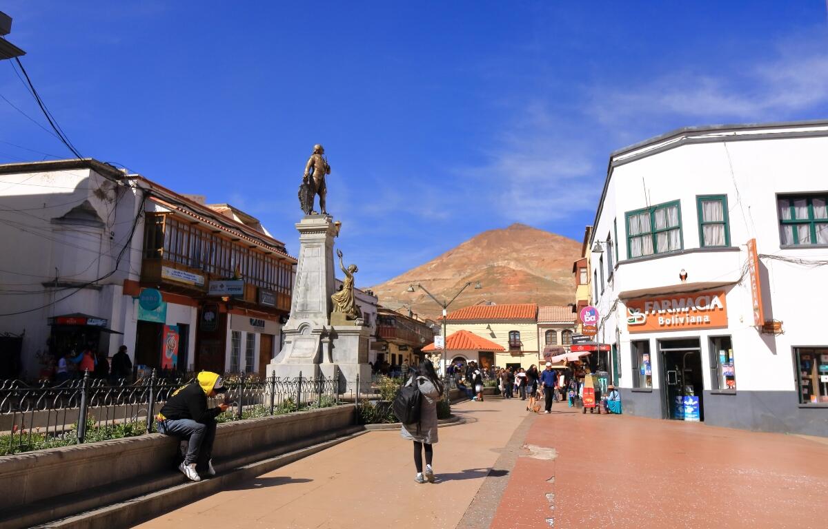 Potosi in Bolivia - May 24 2025: every day life around the main square named "Plaza 10 de Noviembre"