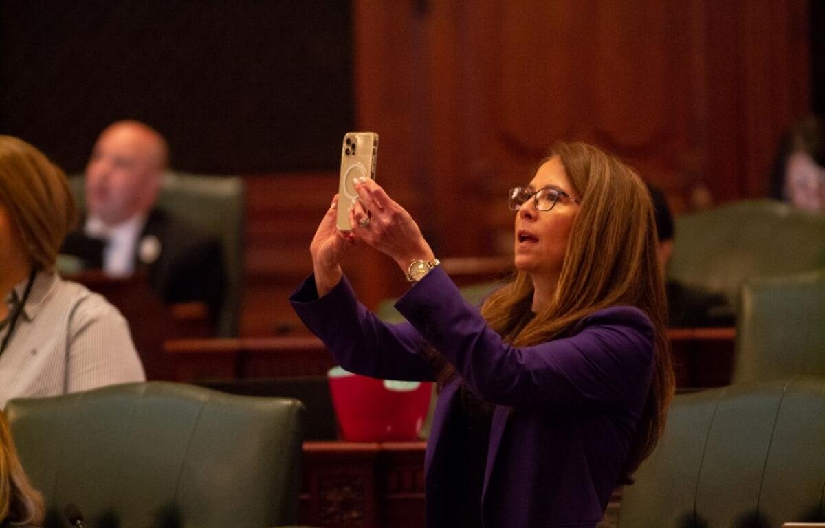 Rep. Jennifer Gong-Gershowitz, D-Glenview, takes a picture of the vote board in the Illinois House after the passage of a bill in May 2023. (Capitol News Illinois photo by Jerry Nowicki)