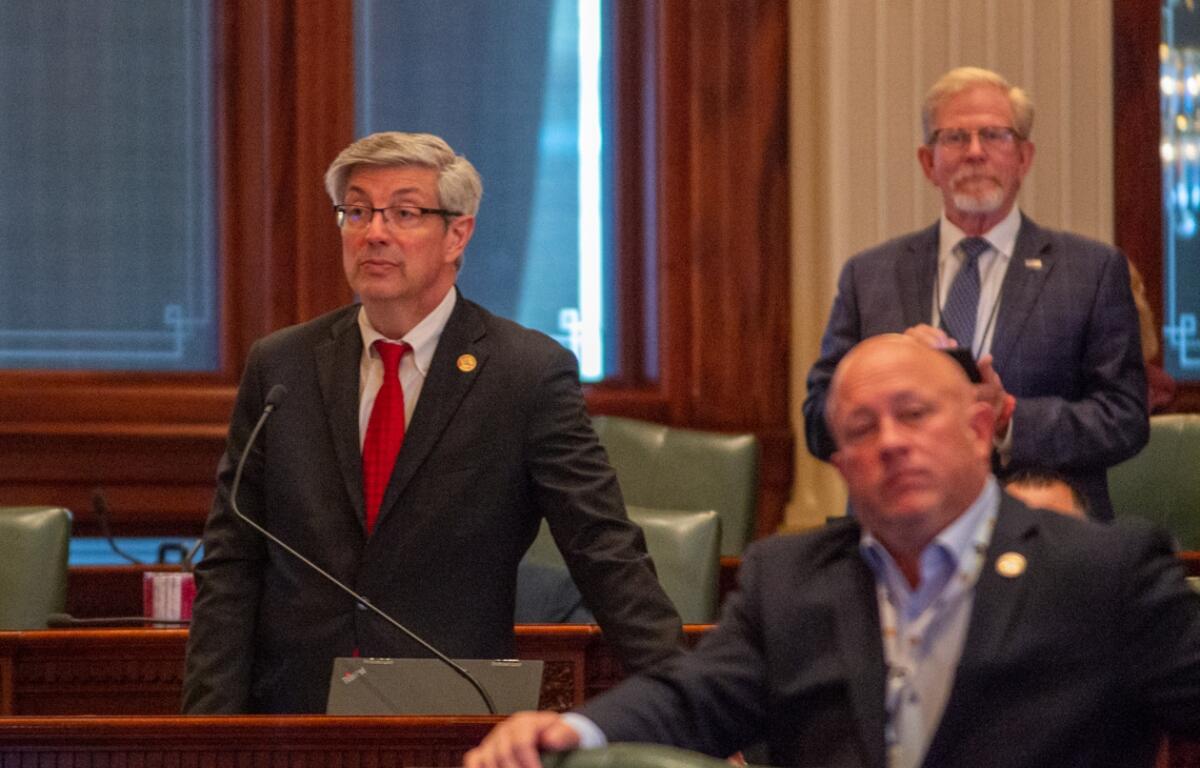 Rep. Dan Ugaste, R-Geneva, debates a bill in the Illinois House on May 21, 2025. (Capitol News Illinois photo by Jerry Nowicki)