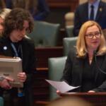 State Rep. Anna Moeller, D-Elgin, presents her Medicaid legislation on the House floor on Saturday, May 31, 2025. (Capitol News Illinois photo by Jerry Nowicki)