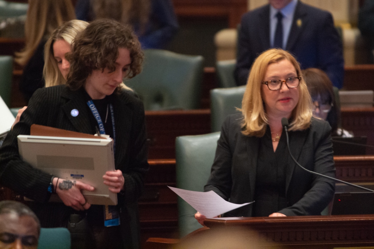 State Rep. Anna Moeller, D-Elgin, presents her Medicaid legislation on the House floor on Saturday, May 31, 2025. (Capitol News Illinois photo by Jerry Nowicki)
