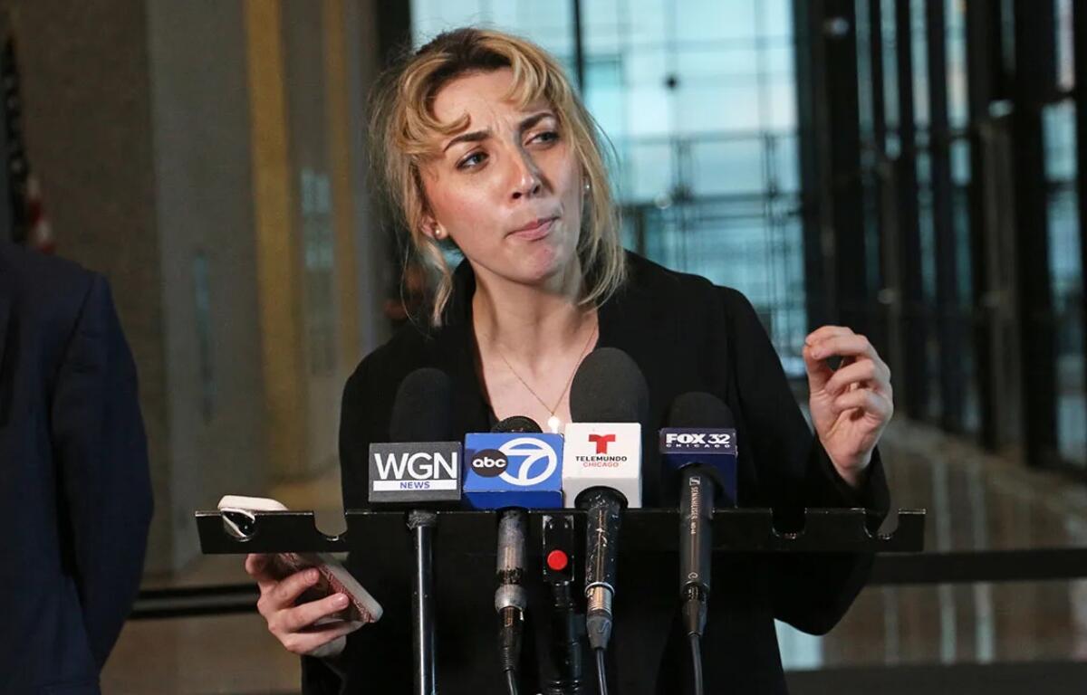 Former 9th District congressional candidate Katherine “Kat” Abughazaleh addresses reporters following her Nov. 12, 2025, arraignment hearing in Chicago. She and five others were charged with “impeding” a federal agent while protesting outside of an Immigration and Customs Enforcement processing facility in suburban Broadview in September. (Capitol News Illinois photo by Maggie Dougherty)