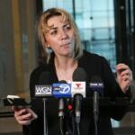 Former 9th District congressional candidate Katherine “Kat” Abughazaleh addresses reporters following her Nov. 12, 2025, arraignment hearing in Chicago. She and five others were charged with “impeding” a federal agent while protesting outside of an Immigration and Customs Enforcement processing facility in suburban Broadview in September. (Capitol News Illinois photo by Maggie Dougherty)