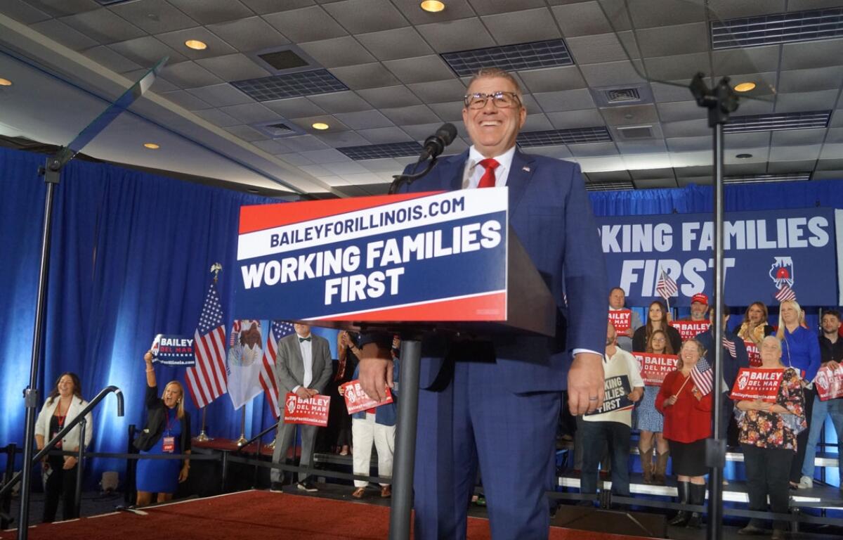 Darren Bailey speaks to reporters at a Springfield hotel on March 17, 2026, after winning the Republican nomination for governor for a second time. (Capitol News Illinois photo by Peter Hancock)