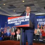 Darren Bailey speaks to reporters at a Springfield hotel on March 17, 2026, after winning the Republican nomination for governor for a second time. (Capitol News Illinois photo by Peter Hancock)
