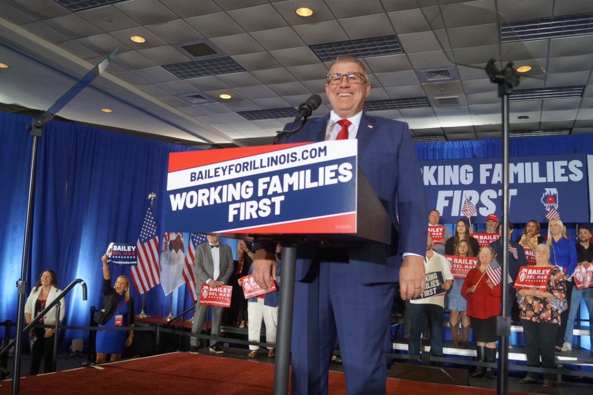 Darren Bailey speaks to reporters at a Springfield hotel on March 17, 2026, after winning the Republican nomination for governor for a second time. (Capitol News Illinois photo by Peter Hancock)