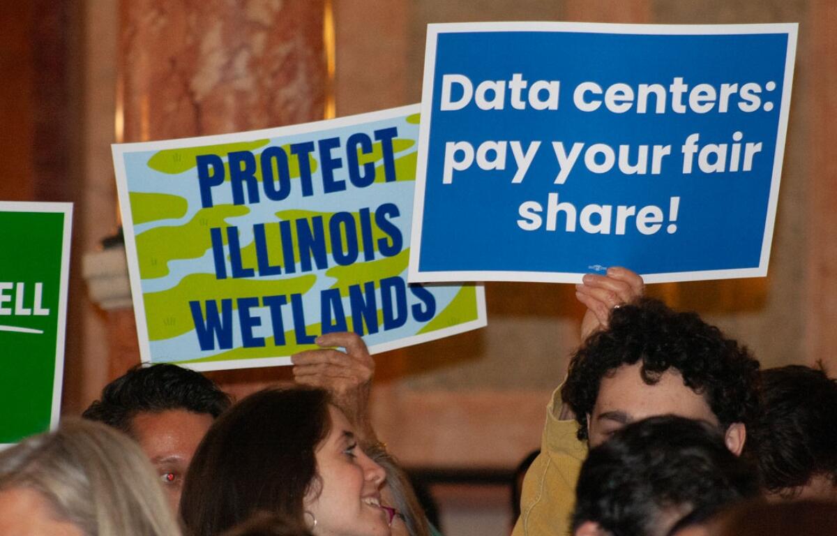 Environmental advocates rally for greater data center regulation in Illinois at the Capitol on Wednesday. (Capitol News Illinois photo by Jenna Schweikert)
