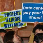 Environmental advocates rally for greater data center regulation in Illinois at the Capitol on Wednesday. (Capitol News Illinois photo by Jenna Schweikert)