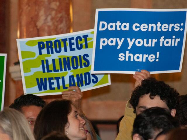 Environmental advocates rally for greater data center regulation in Illinois at the Capitol on Wednesday. (Capitol News Illinois photo by Jenna Schweikert)