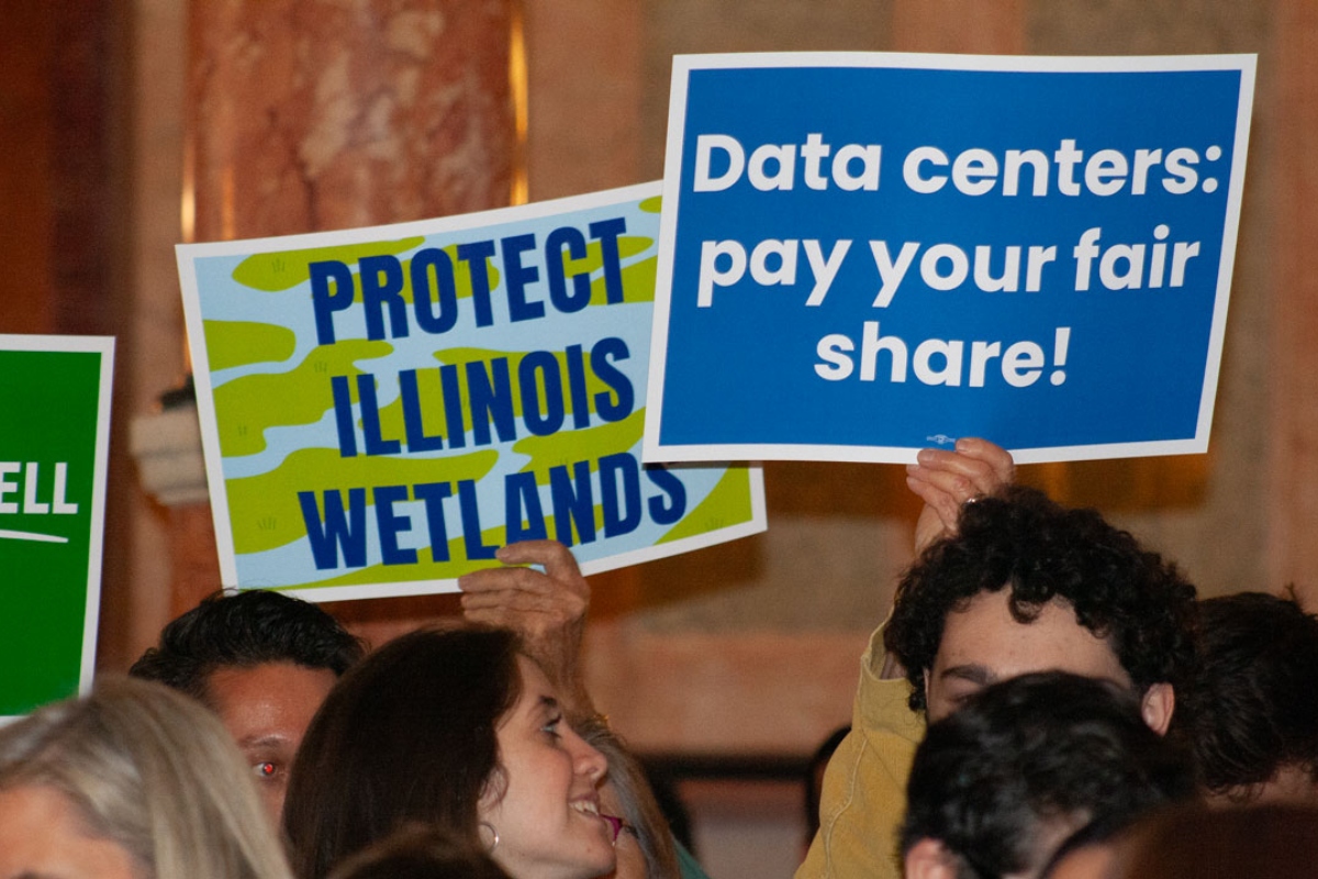 Environmental advocates rally for greater data center regulation in Illinois at the Capitol on Wednesday. (Capitol News Illinois photo by Jenna Schweikert)