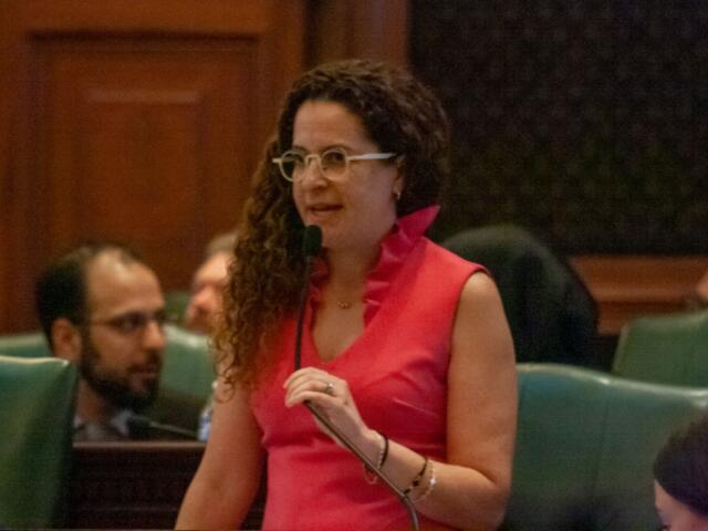 Rep. Mary Beth Canty, D-Arlington Heights speaks on the House floor April 17. Canty is the sponsor on a contentious human composting bill. (Capitol News Illinois photo by Jenna Schweikert)