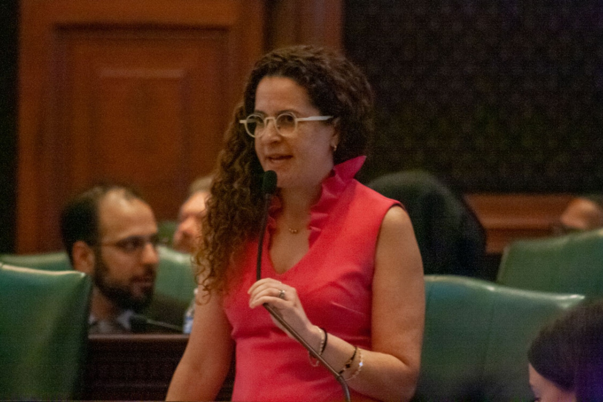 Rep. Mary Beth Canty, D-Arlington Heights speaks on the House floor April 17. Canty is the sponsor on a contentious human composting bill. (Capitol News Illinois photo by Jenna Schweikert)
