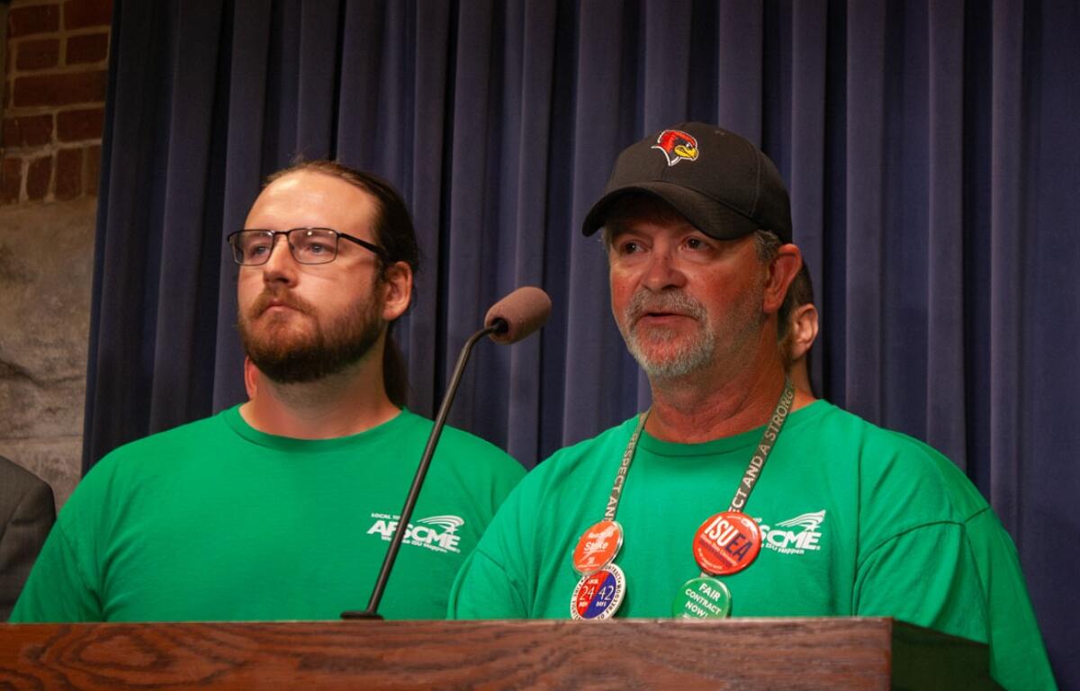 Illinois State University building service worker and staff union president Chuck Carver speaks at a news conference at the Illinois Capitol in Springfield on Tuesday, April 28, 2026. (Capitol News Illinois photo by Jenna Schweikert)