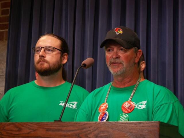 Illinois State University building service worker and staff union president Chuck Carver speaks at a news conference at the Illinois Capitol in Springfield on Tuesday, April 28, 2026. (Capitol News Illinois photo by Jenna Schweikert)