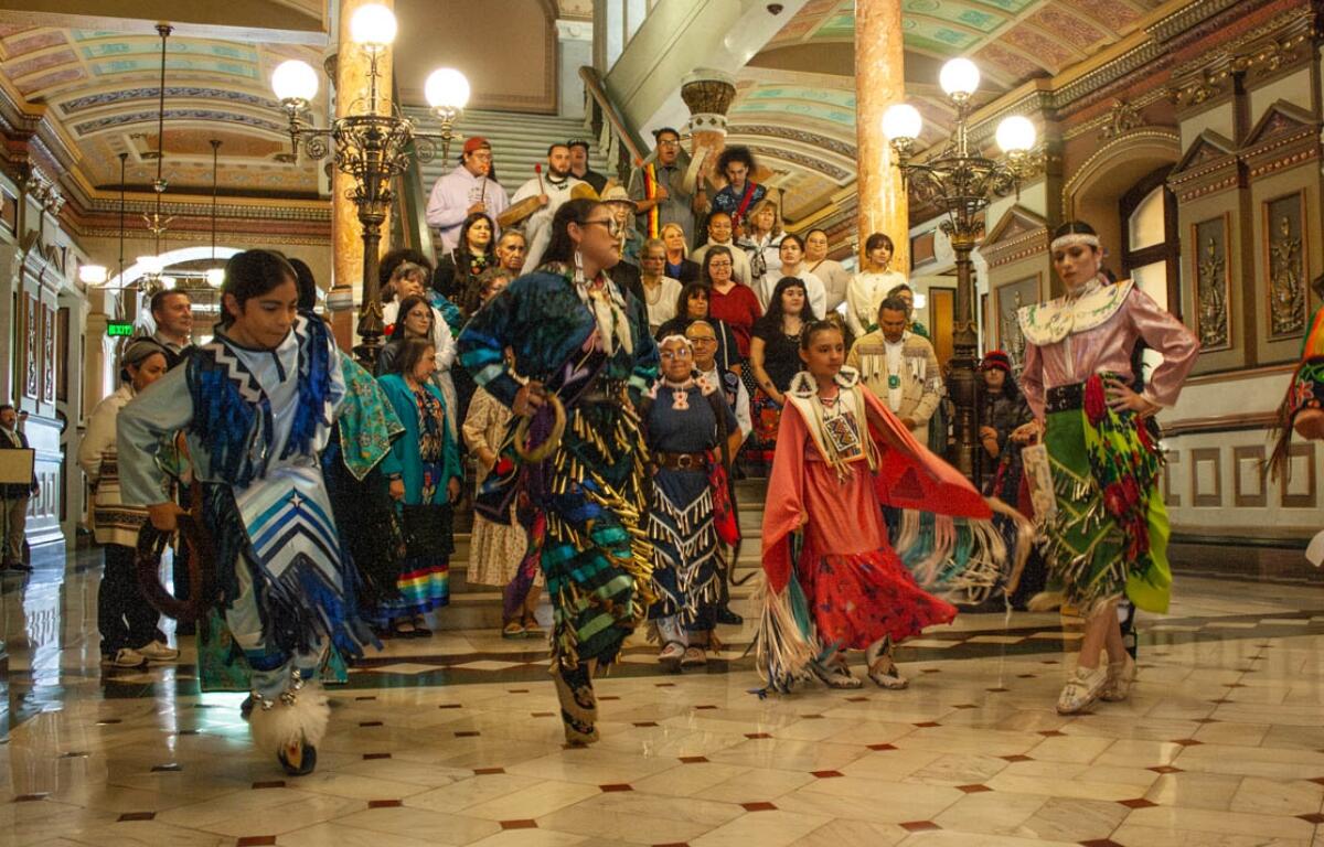 Dancers in traditional regalia perform at the fourth annual Native American Summit at the Illinois Capitol on Tuesday, April 28, 2026. (Capitol News Illinois photo by Jenna Schweikert)