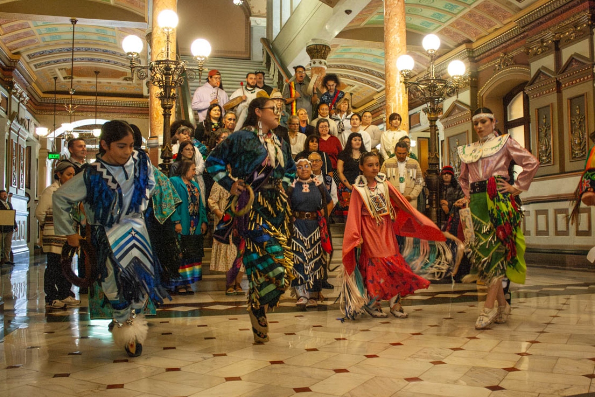Dancers in traditional regalia perform at the fourth annual Native American Summit at the Illinois Capitol on Tuesday, April 28, 2026. (Capitol News Illinois photo by Jenna Schweikert)