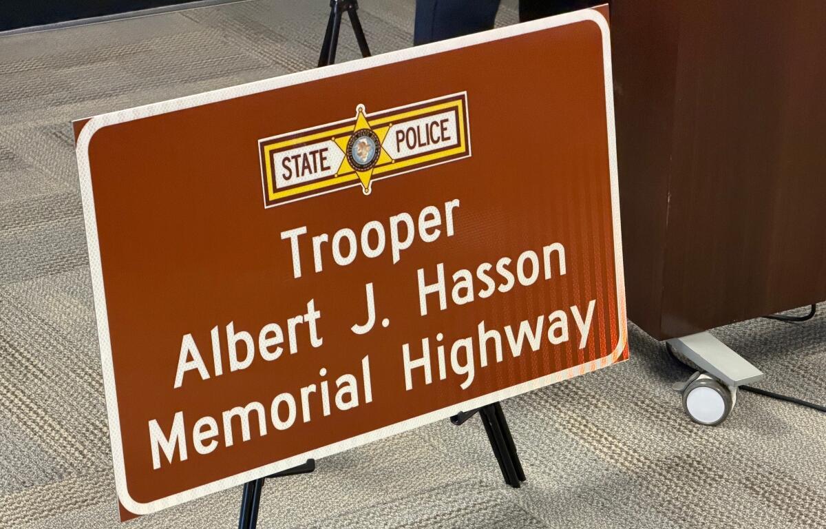 The highway sign for the first trooper killed in the line of duty. (Will Stevenson)