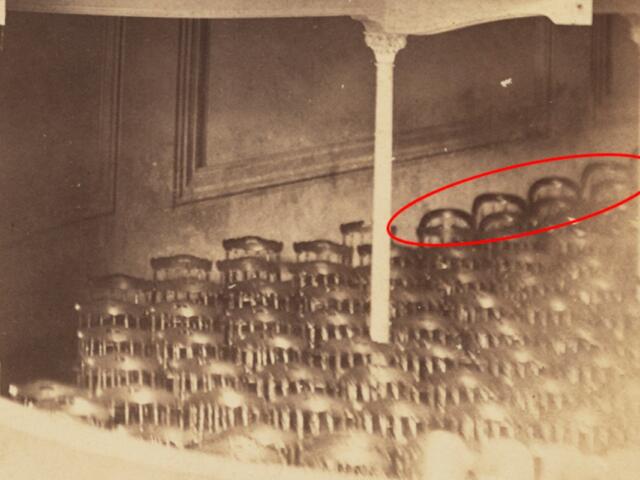 A chair from Ford's Theatre, donated to the Abraham Lincoln Presidential Library and Museum, is believed to come from the second of the theatre circled in red, in this photo from Matthew Brady.