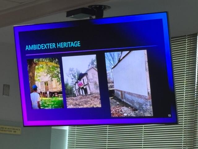 Slide titled 'Ambidexter Heritage' showing three photos of historic buildings with a purple border.