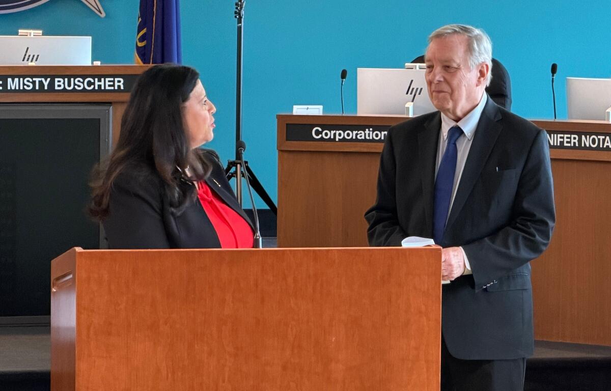 Senator Dick Durbin and Springfield Mayor Misty Buscher hold a news conference at the Springfield Municipal Center.