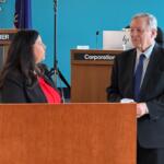 Senator Dick Durbin and Springfield Mayor Misty Buscher hold a news conference at the Springfield Municipal Center.