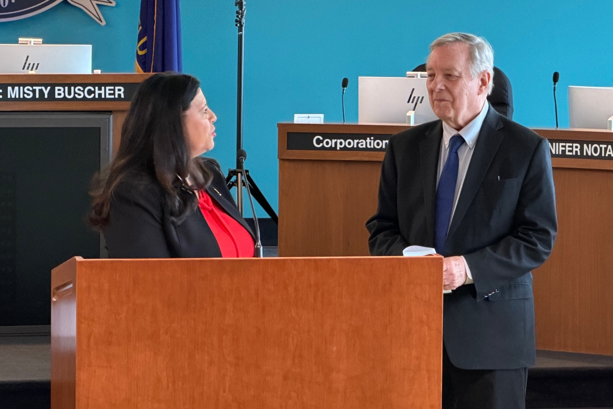 Senator Dick Durbin and Springfield Mayor Misty Buscher hold a news conference at the Springfield Municipal Center.