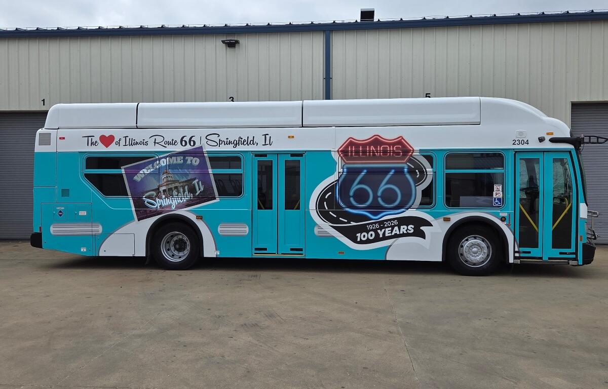 This Sangamon Mass Transit Bus, named "Buddy," has been decorated to commemorate the 100th anniversary of Route 66.