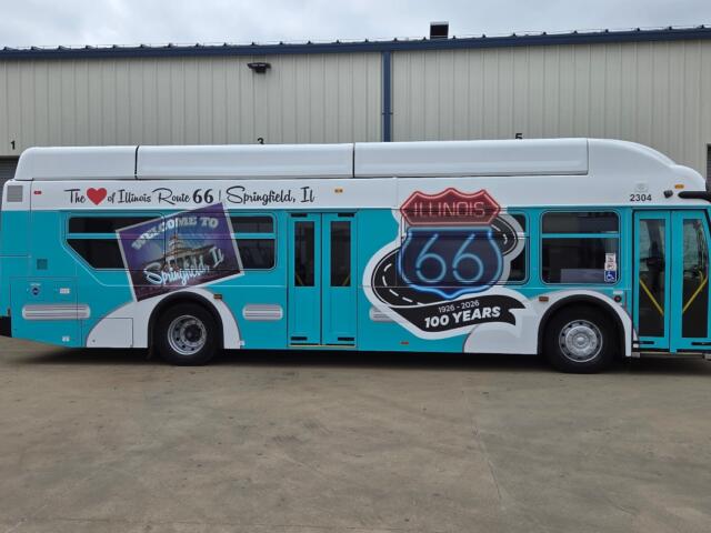 This Sangamon Mass Transit Bus, named "Buddy," has been decorated to commemorate the 100th anniversary of Route 66.