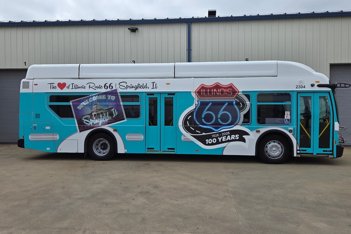 This Sangamon Mass Transit Bus, named "Buddy," has been decorated to commemorate the 100th anniversary of Route 66.