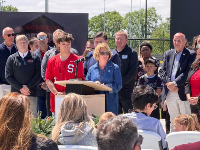 Springfield Public School Superintendent Jennifer Gill is joined by local leaders, Gov. JB Pritzker, and local student athletes Tuesday, April 28, at the ribbon-cutting for the new Scheels Sports Park.