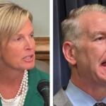 Two people in separate frames: left, a blonde woman in a green blazer with a pearl necklace speaking into a microphone; right, a gray-haired man in a suit speaking.