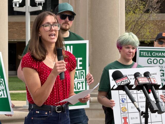 UIS student Adi Rumler speaks during a news conference about a strike Friday, April 3.