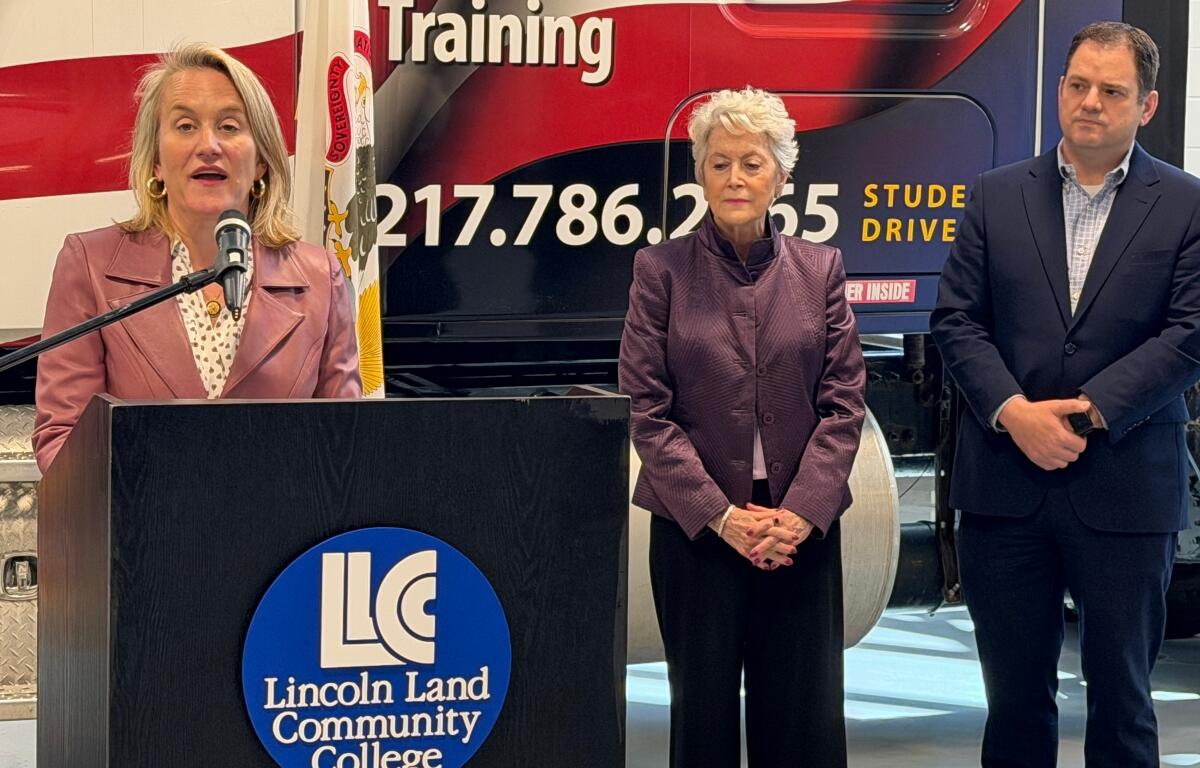 Left to Right: Rep. Nikki Budzinski, Lincoln Land Community College President Charlotte Warren, and Matthew Hart of the Illinois Trucking Association