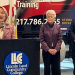 Left to Right: Rep. Nikki Budzinski, Lincoln Land Community College President Charlotte Warren, and Matthew Hart of the Illinois Trucking Association