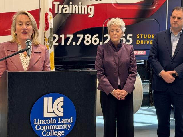 Left to Right: Rep. Nikki Budzinski, Lincoln Land Community College President Charlotte Warren, and Matthew Hart of the Illinois Trucking Association