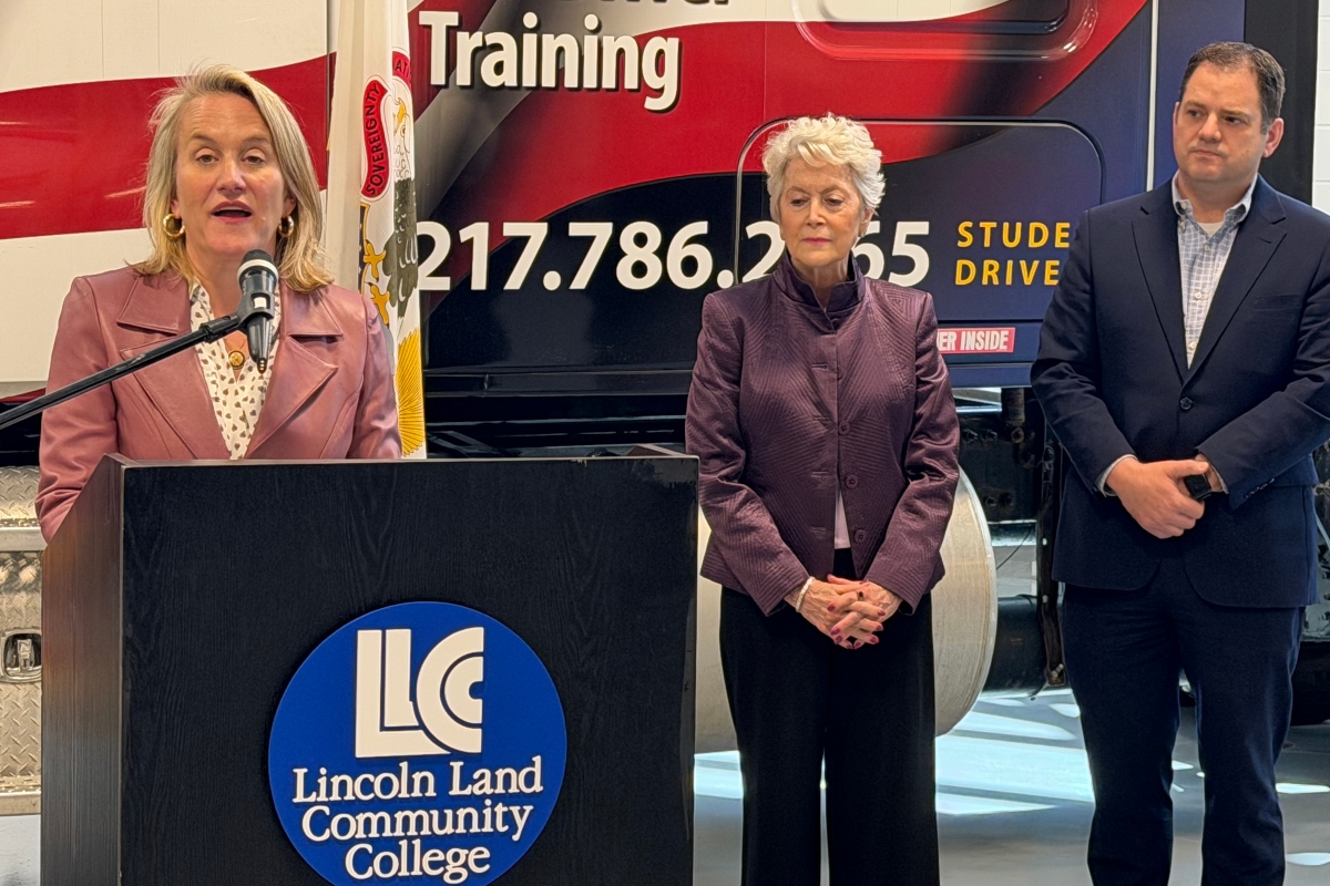 Left to Right: Rep. Nikki Budzinski, Lincoln Land Community College President Charlotte Warren, and Matthew Hart of the Illinois Trucking Association