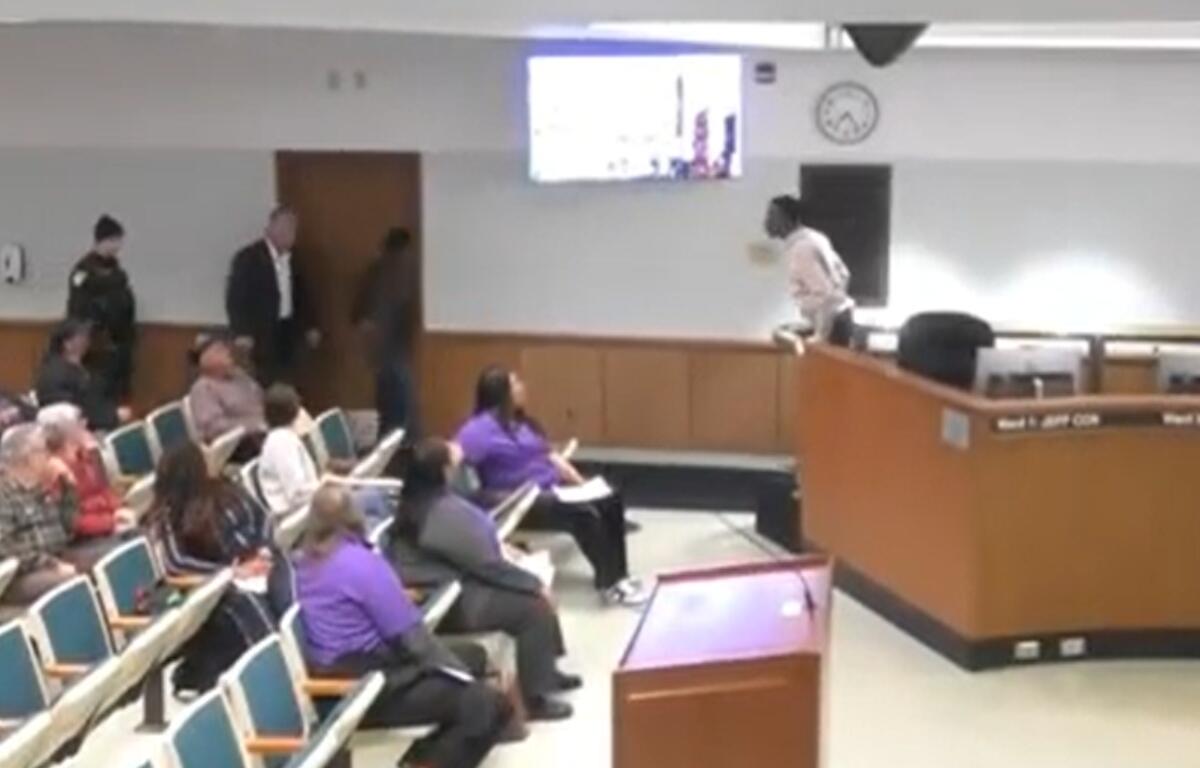 A screenshot from a live stream of Tuesday night's Springfield City Council meeting showed Ald. Shawn Gregory, right, getting into a verbal argument with former Police Chief Michael Walton, left center in the picture.