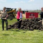 Illinois State Police Director Brendan Kelly, right, helps break ground on a new K-9 training facility in Pawnee, along with Lisa Hennigh, Deputy Director of Construction at the Capital Development Board, and Col. Chris Owen, ISP Division of Patrol.